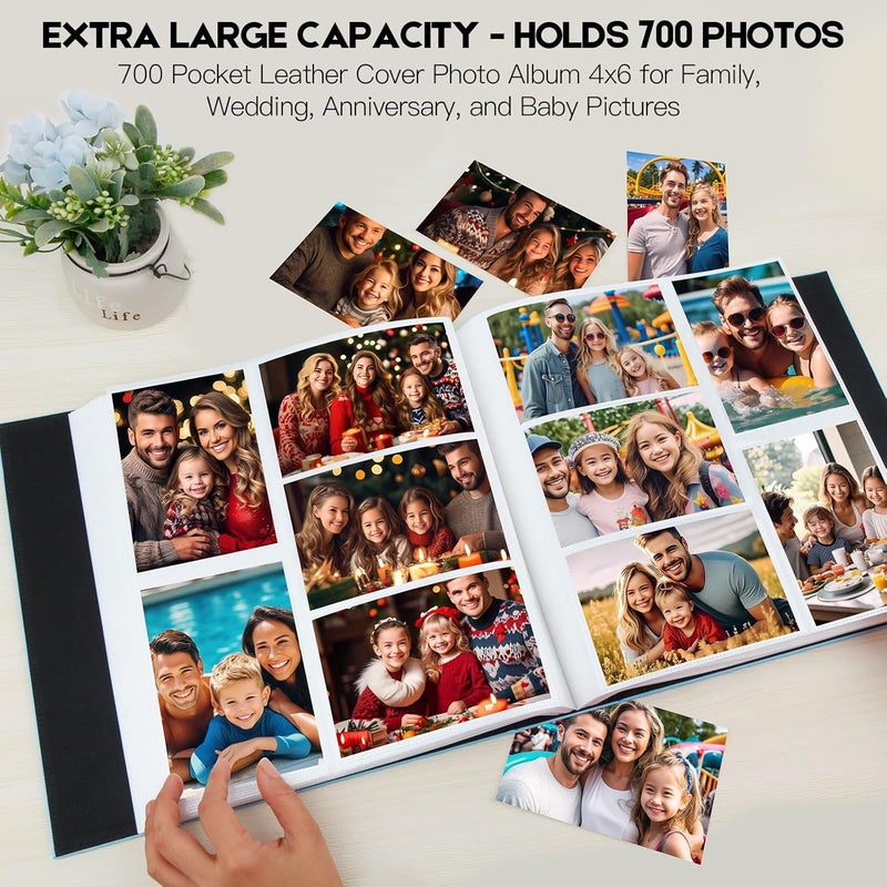 Aevdor 700 Pockets Photo Album 4x6, Extra Large Capacity Leather Cover Wedding Family Photo Albums Holds 700 Horizontal and Vertical Photos, Acid-free Pages 4x6 Photo Album with Front Window (Blue) - Image 2